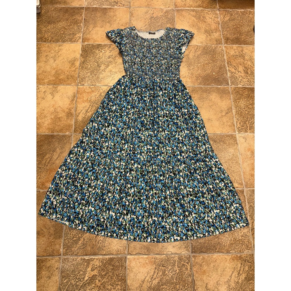 Ofeefan Womens Blue Green Floral Smocked Tiered Maxi Dress XL Short Sleeve